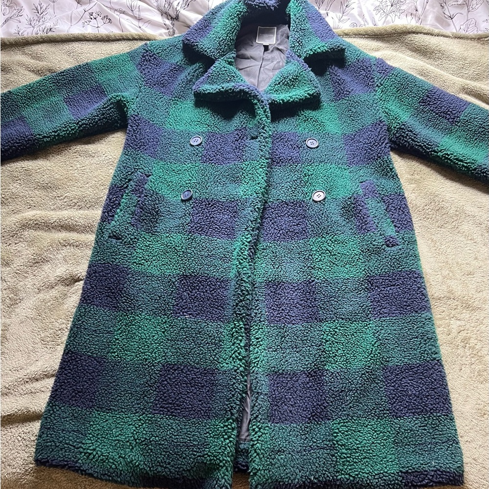 Green and Blue Plaid Sherpa Coat